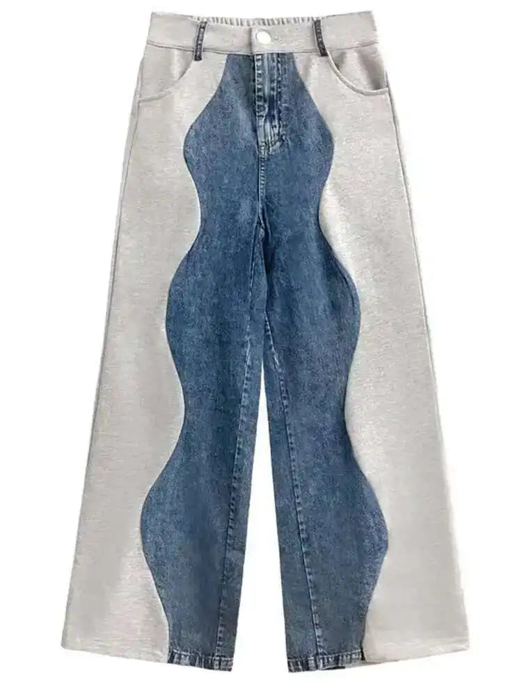 High Elastic Waist Black Color-block Denim Long Wide Leg Pants New Trousers Women Fashion Tide Spring Autumn 2025 1DH4642