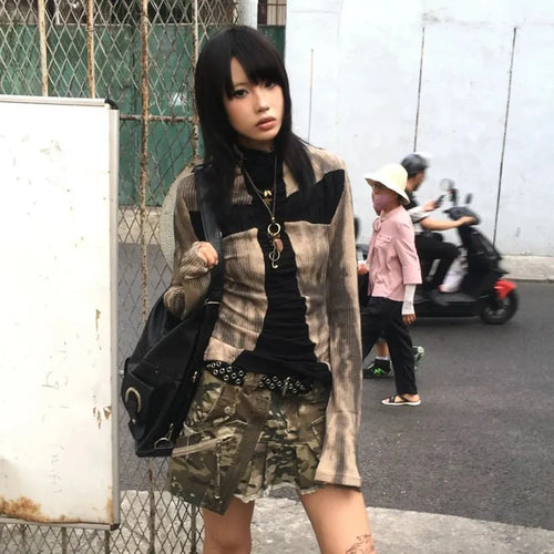 Load image into Gallery viewer, Japanese Y2k Ribbed Tops Vintage Harajuku Cross Print T-shirt Grunge Aesthetics Long Sleeve Patchwork Tops Trashy 2000s
