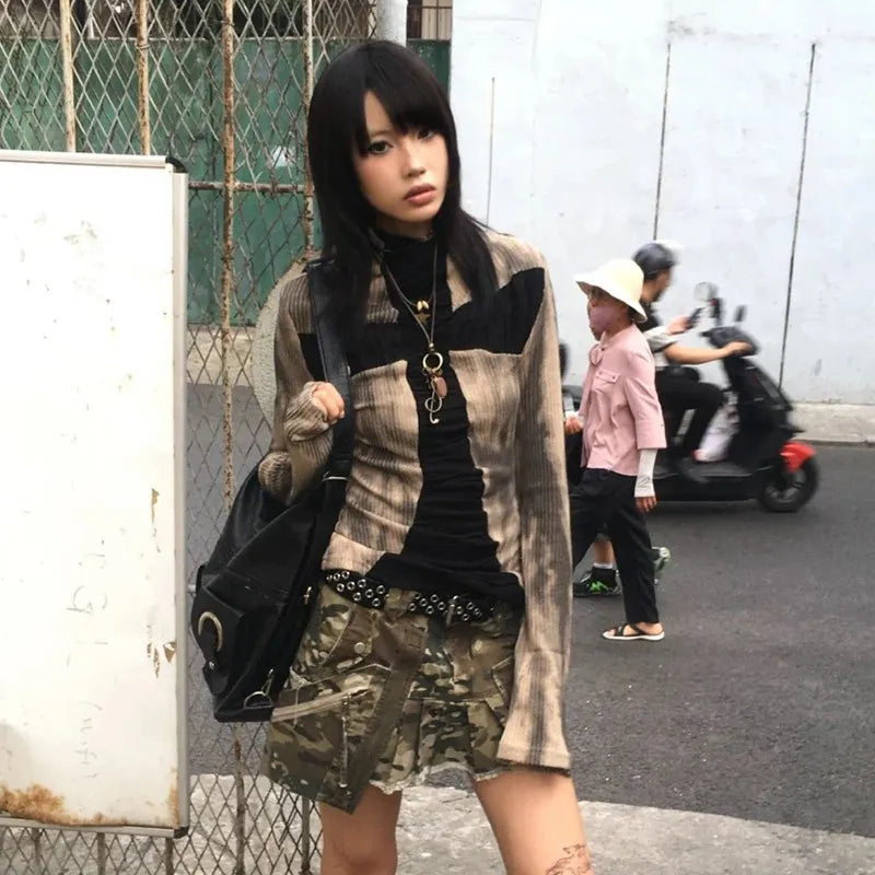 Japanese Y2k Ribbed Tops Vintage Harajuku Cross Print T-shirt Grunge Aesthetics Long Sleeve Patchwork Tops Trashy 2000s