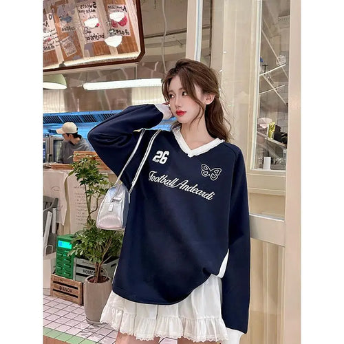 Load image into Gallery viewer, Autumn Winter 2025 Blue Patchwork Elegant Pullover Fashion Short Sweatshirt Women Pink Letter Print V Neck Long Sleeve Tops Chic
