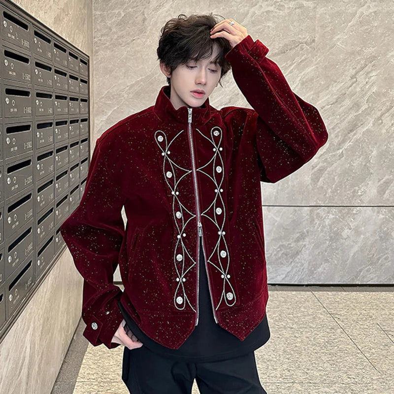 Men's Jackets New Korean Style Embroidery Nail Bead Flash Zipper Stylish Stand Handsome Male Spring Tops 2025 9W1936