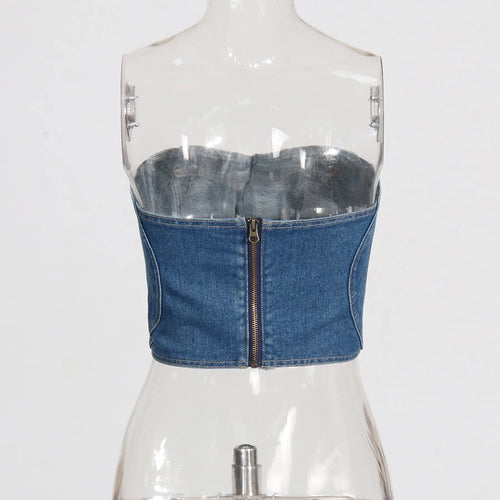 Load image into Gallery viewer, Hit Color Tube Top For Women Strapless Sleeveless Backless Short Love Patchwork Sexy Style Denim Vest Female New
