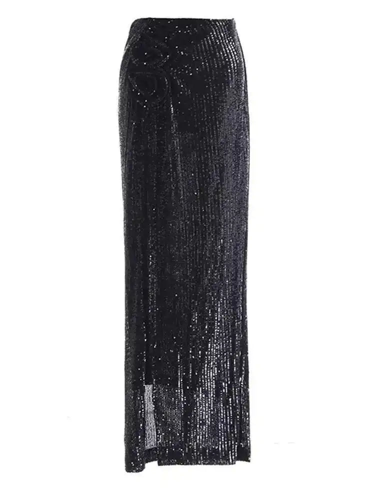 High Elastic Waist Red Sequins Flower Slit Elegant Long Half-body Skirt Women Fashion Tide New Spring Autumn 2025 1DH9121