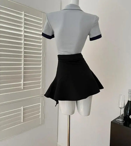 Summer Women Blue Patchwork Button Short Sleeved Tops And Black High Waist Asymmetrical Pleated Short Skirt 2025 Two-piece Sets