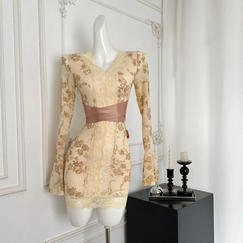 Load image into Gallery viewer, Korean Women New Black Patchwork Lace V Neck Long Sleeve Bandage Dress Autumn Yellow Print Elegant Sexy Party Short Dress Trendy
