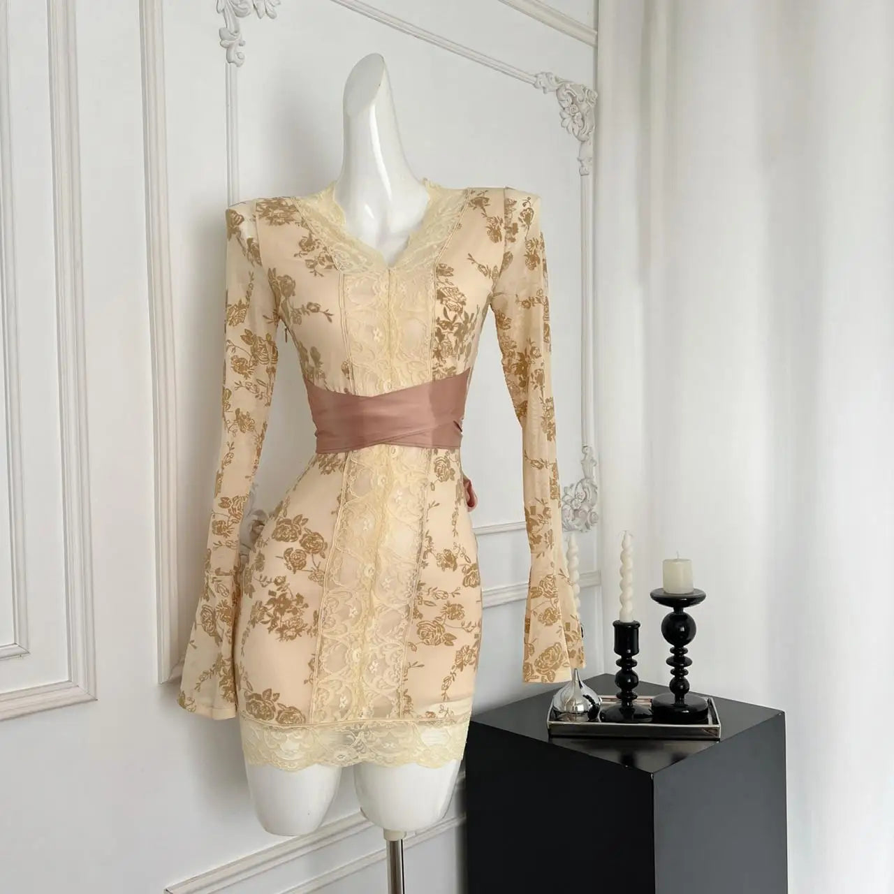 Korean Women New Black Patchwork Lace V Neck Long Sleeve Bandage Dress Autumn Yellow Print Elegant Sexy Party Short Dress Trendy