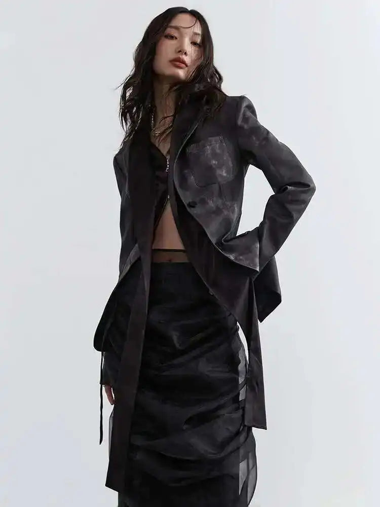 High Waist Black Pleated Mesh Irregular Long Elegant Half-body Skirt Women Fashion Tide New Spring Autumn 2025 1DH4715