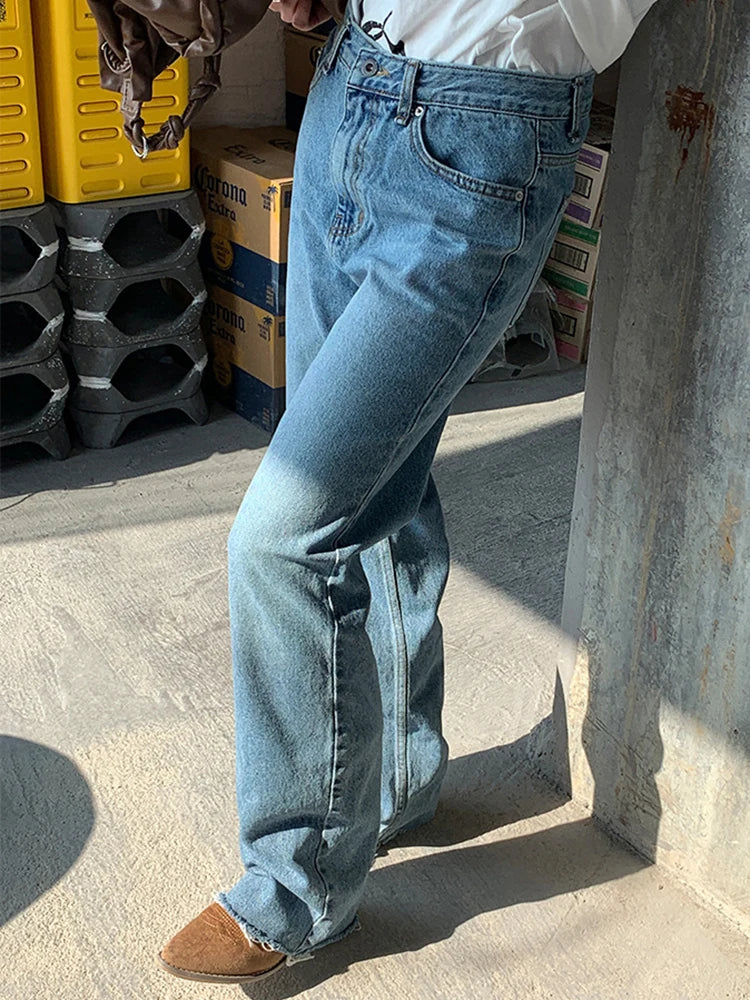 Detachable Denim Pants For Women High Waist Patchwork Pockets Casual Loose Solid Wide Leg Jeans Female Fashion