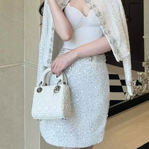 Load image into Gallery viewer, Solid Spliced Sequins Two Piece Sets for Women O Neck Long Sleeves Top Mini Skirt Patchwork Bead Elegant Set Female
