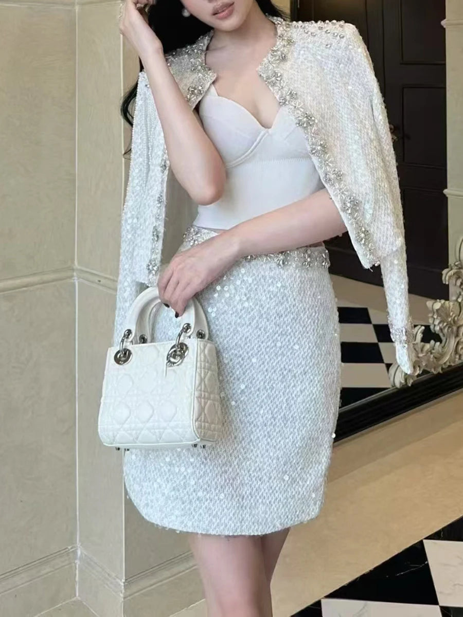 Solid Spliced Sequins Two Piece Sets for Women O Neck Long Sleeves Top Mini Skirt Patchwork Bead Elegant Set Female