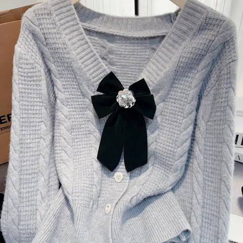 Load image into Gallery viewer, Autumn Winter French Solid Elegant V Neck Bow Single Breasted Short Sweater Women New Long Sleeved Slim Knitted Tops 2024 Trendy
