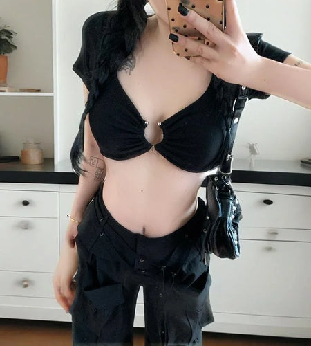y2k Crop Tops Women Summer Clothes Sexy Solid Color Metal Ring Short Sleeve Padded T Shirts 2000s Clothing Streetwear