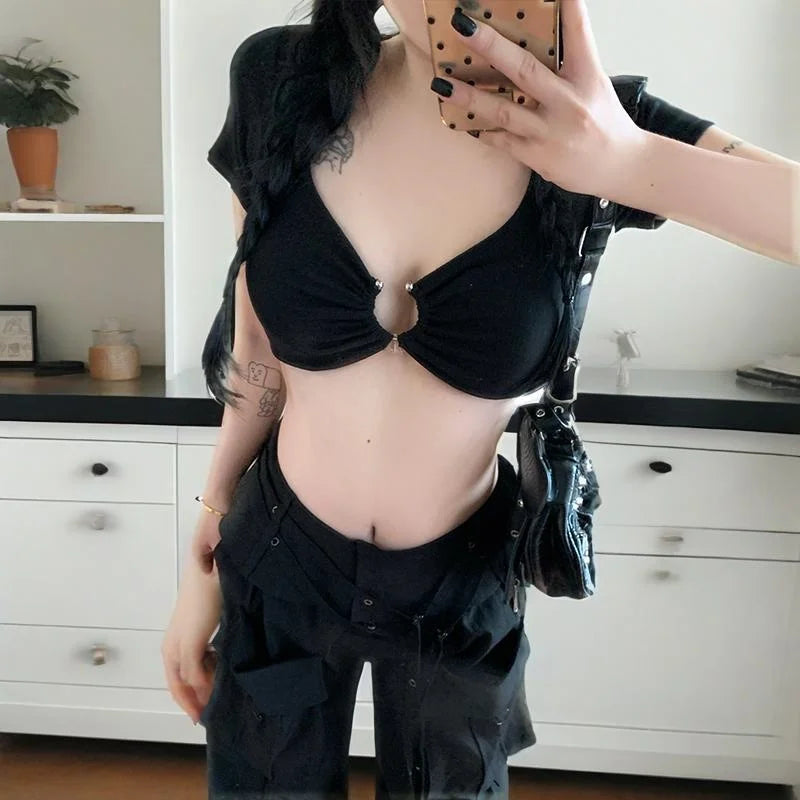 y2k Crop Tops Women Summer Clothes Sexy Solid Color Metal Ring Short Sleeve Padded T Shirts 2000s Clothing Streetwear
