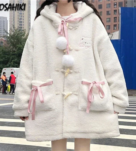 New Winter Fashion Loose Cartoon Jacket Y2k Aesthetic All Match Lamb Wool Women Hooded Coat Thicken Warm Vintage Casual Bow Tops