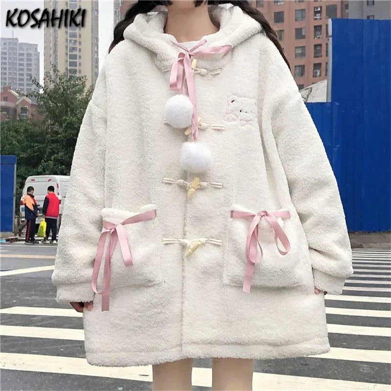New Winter Fashion Loose Cartoon Jacket Y2k Aesthetic All Match Lamb Wool Women Hooded Coat Thicken Warm Vintage Casual Bow Tops