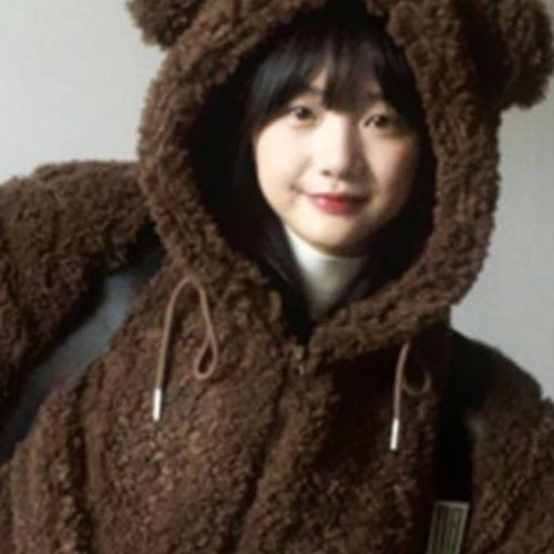 Load image into Gallery viewer, Y2k Aesthetic Zipper Hooded Harajuku Tops Casual Grunge Loose Drawstring Coats Women Streetwear Kawaii Cute Fluffy Warm Jackets
