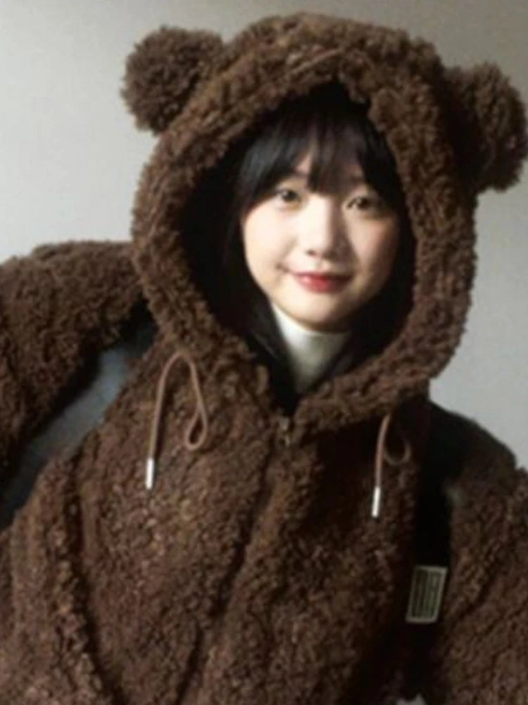 Y2k Aesthetic Zipper Hooded Harajuku Tops Casual Grunge Loose Drawstring Coats Women Streetwear Kawaii Cute Fluffy Warm Jackets