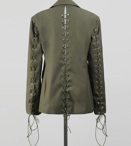 Solid Spliced Lace Up Hollow Out Two Piece Sets for Women Lapel Long Sleeves Blazer High Waist Pant Ste Female New