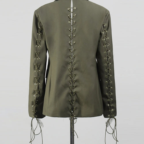 Load image into Gallery viewer, Solid Spliced Lace Up Hollow Out Two Piece Sets for Women Lapel Long Sleeves Blazer High Waist Pant Ste Female New
