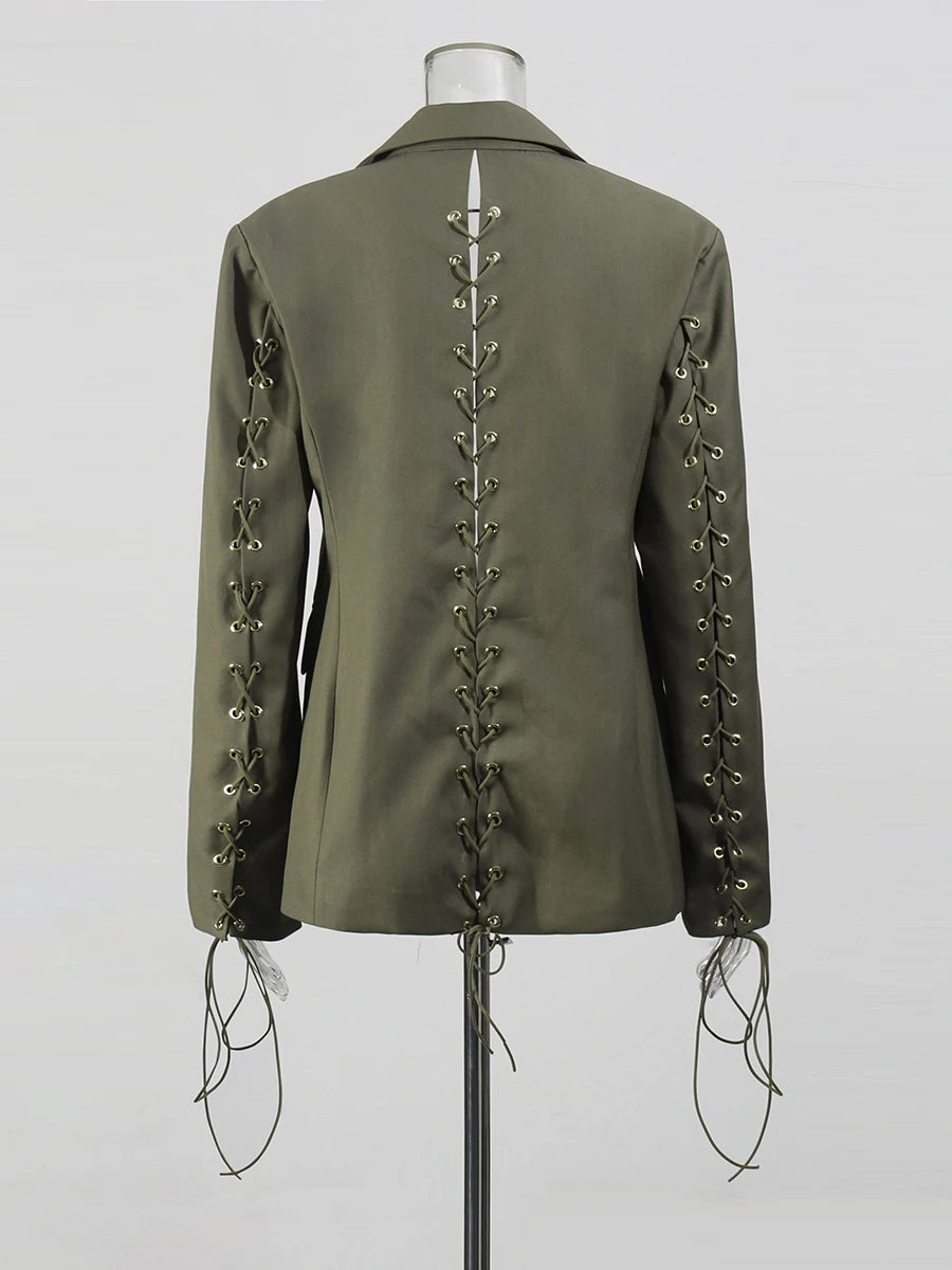 Solid Spliced Lace Up Hollow Out Two Piece Sets for Women Lapel Long Sleeves Blazer High Waist Pant Ste Female New