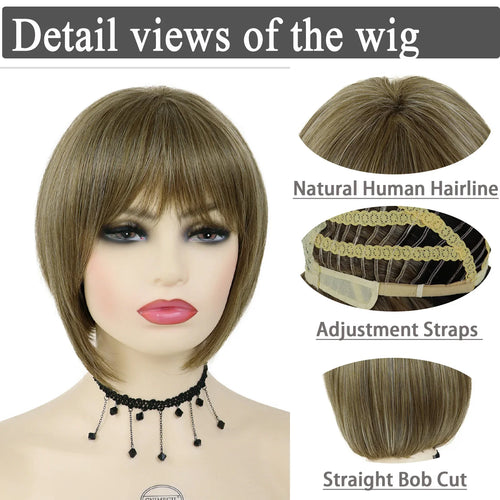 Load image into Gallery viewer, Brown Bob Wig with Bangs Synthetic Hair Short Wig for White Women Mix Brown Heat Resistant Straight Haircut Natural Mommy Wig
