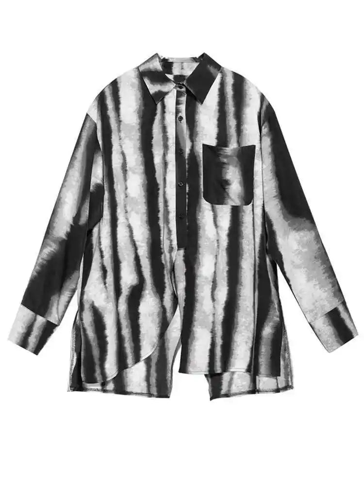 Women Striped Tie Dye Back Split Big Size Blouse New Lapel Long Sleeve Loose Fit Shirt Fashion Spring Autumn 2025 1DF6518
