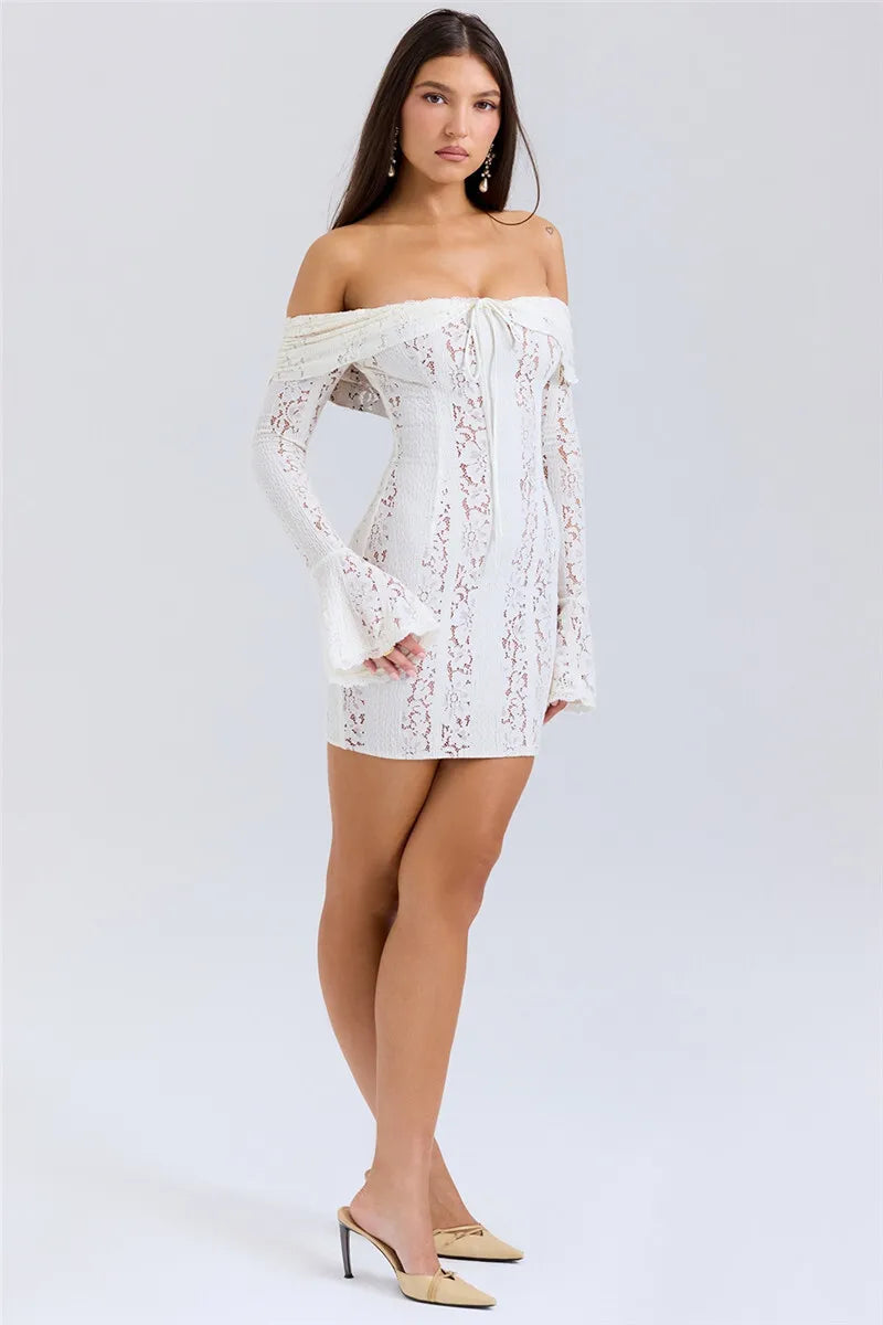 Floral Lace Off-shoulder Maxi Dress For Women White Strapless Backless Long Sleeve Bodycon Club Party Sexy Long Dress