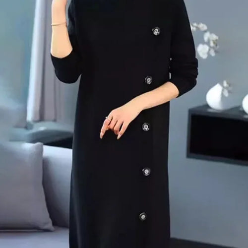 Load image into Gallery viewer, Simple Black Knitting Casual Autumn Sweater Dresses for Women 2025 Winter Long Sleeves Buttoned Woman Elegant Dresses
