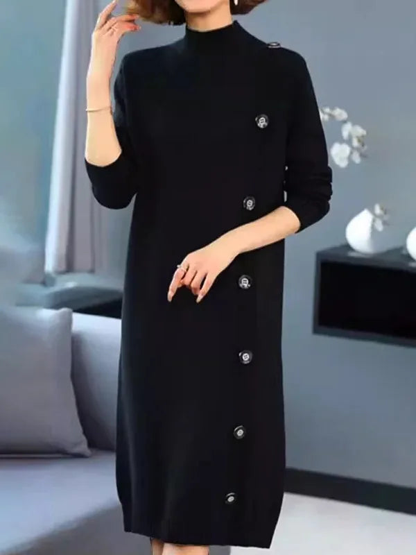 Simple Black Knitting Casual Autumn Sweater Dresses for Women 2025 Winter Long Sleeves Buttoned Woman Elegant Dresses