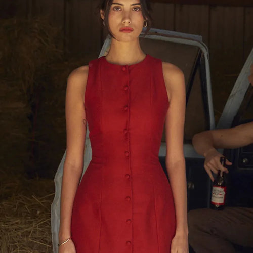 Load image into Gallery viewer, Fashion Sleeveless Sexy Mini Dress For Women New O Neck Single-btrasted Bodycon Club Party Tank Dress Femme Clothes
