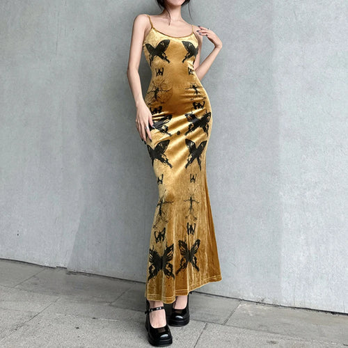 Load image into Gallery viewer, Spaghetti Strap Velour Elegant Long Dress Female Vintage Butterfly Printing Fashion Sexy Party Dresses Goth Clothing
