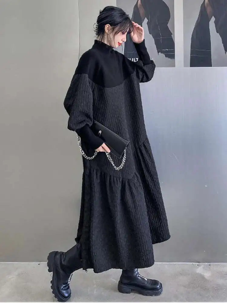 Women Black Knitting Big Size Long Dress New Turtleneck Long Sleeve Loose Fit Fashion Tide Spring Autumn 2025 1DH0797