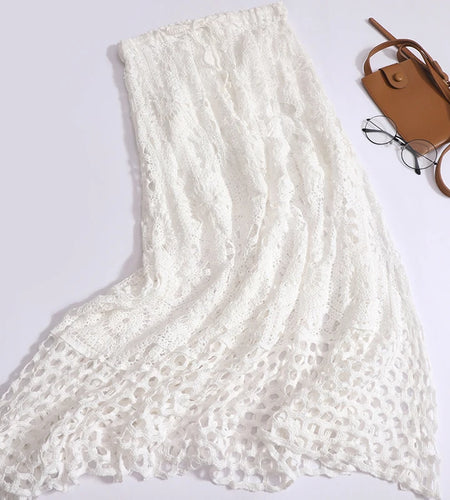 Women Beige Elegant High Waist Hollowed Out Lace Up Knitted Skirt Summer Vintage Bohemian White Vacation Long Skirt Romantic New
