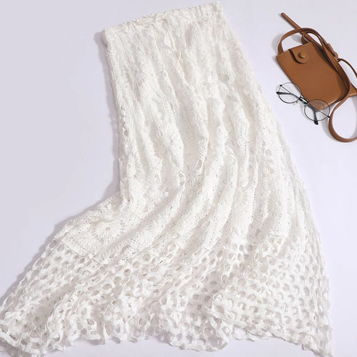 Load image into Gallery viewer, Women Beige Elegant High Waist Hollowed Out Lace Up Knitted Skirt Summer Vintage Bohemian White Vacation Long Skirt Romantic New
