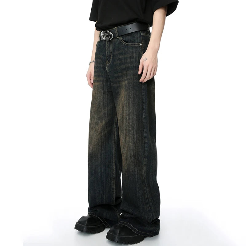 Worn Out Men's Jeans Retro Washed Male Straight Denim Trousers Trendy Gradient Color Wide Leg Pants Spring  9C4274