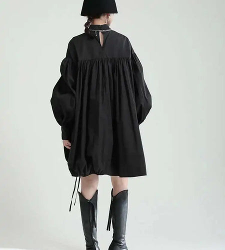 Women Balck Irregular Drawstring Big Size Dress New Stand Collar Long Sleeve Loose Fit Fashion Spring Autumn 2025 1Z18901