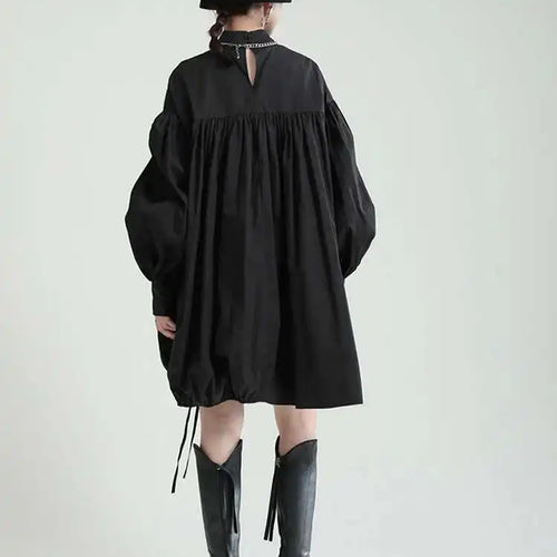 Load image into Gallery viewer, Women Balck Irregular Drawstring Big Size Dress New Stand Collar Long Sleeve Loose Fit Fashion Spring Autumn 2025 1Z18901
