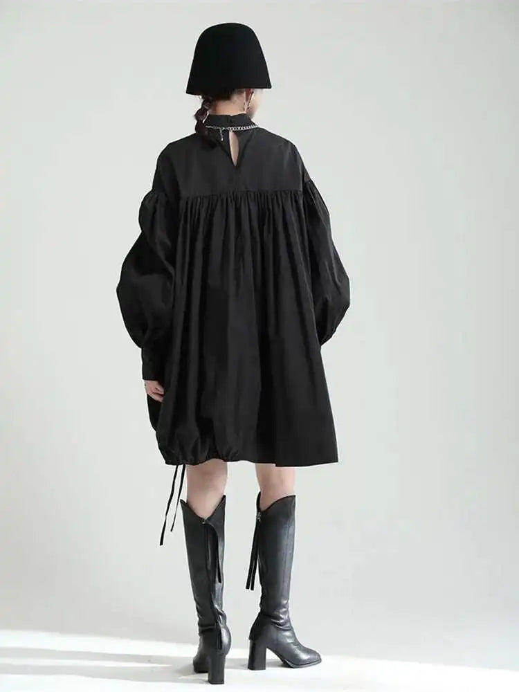 Women Balck Irregular Drawstring Big Size Dress New Stand Collar Long Sleeve Loose Fit Fashion Spring Autumn 2025 1Z18901