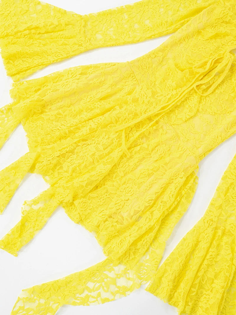 Lace Ruffled Sexy Mini Dress For Women Robe Deep V Neck Flare Long Sleeve Draped A-line Club Party Dress Vestido