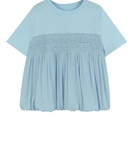 Women Blue Pleated Spliced Big Szie Casual T-shirt New Round Neck Short Sleeve Fashion Tide Spring Summer 2025 1DJ0990