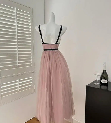 French Pink Patchwork Diamond V Neck High Waist Pleated Slip Dress For Women Summer 2025 New Backless Vacation Evening Dress New