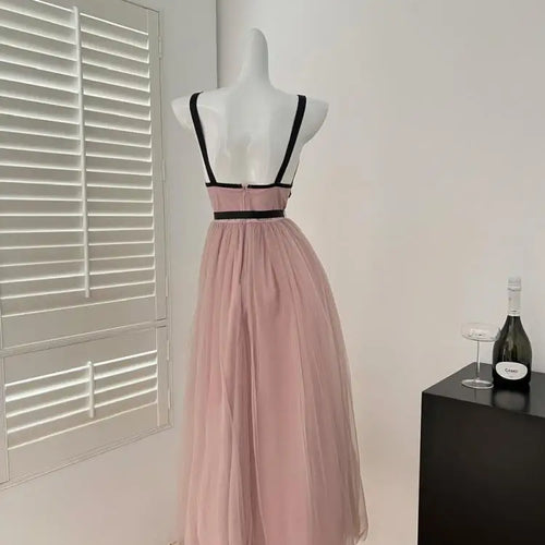 Load image into Gallery viewer, French Pink Patchwork Diamond V Neck High Waist Pleated Slip Dress For Women Summer 2025 New Backless Vacation Evening Dress New
