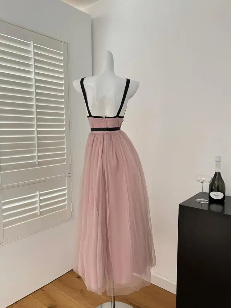 French Pink Patchwork Diamond V Neck High Waist Pleated Slip Dress For Women Summer 2025 New Backless Vacation Evening Dress New
