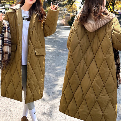 Load image into Gallery viewer, Diamond Plaid Cotton Padded Jacket for Women White Parkas New Detachable Knitted Hat Knee Length Coffee Pink Coat S-L
