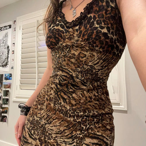 Load image into Gallery viewer, Vintage Fashion Elegant Leopard Party Dress Female Ruched Tirtted Y2K Aesthetic Club Summer Midi Dress Sleeveless New
