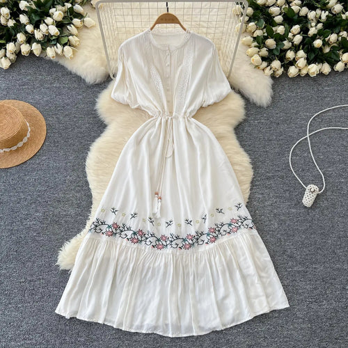 Load image into Gallery viewer, Retro 2024 Summer New Women's Round Neck Embroidered Lace Patchwork Lace Up Long Dresses Fashion Short Sleeves Button Dress Boho

