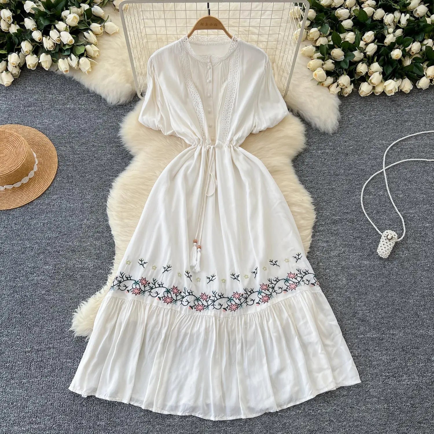 Retro 2024 Summer New Women's Round Neck Embroidered Lace Patchwork Lace Up Long Dresses Fashion Short Sleeves Button Dress Boho