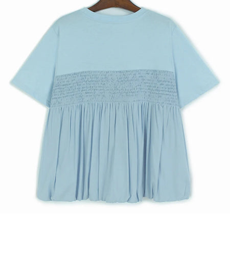 Women Blue Pleated Spliced Big Szie Casual T-shirt New Round Neck Short Sleeve Fashion Tide Spring Summer 2025 1DJ0990