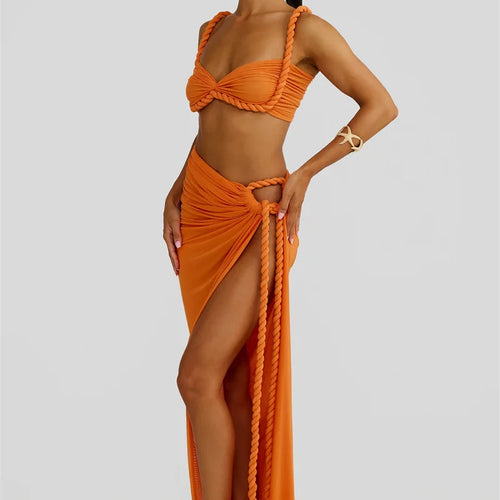 Load image into Gallery viewer, Summer Beach Sexy Two Piece Sets Women Strapless Crop Tops And Maxi Skirt Female Elegant Vacation Club 2 Piece Set
