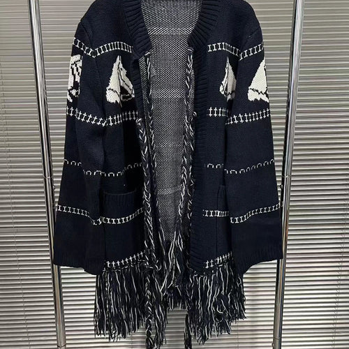 Load image into Gallery viewer, Hit Color Spliced Tassels Fashion Cardigans for Women O Neck Long Sleeves Patchwork Pockets Cardigan Female Clothes
